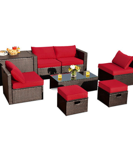 8 Pieces Patio Space-Saving Rattan Furniture Set with Storage Box and Waterproof Cover-Red