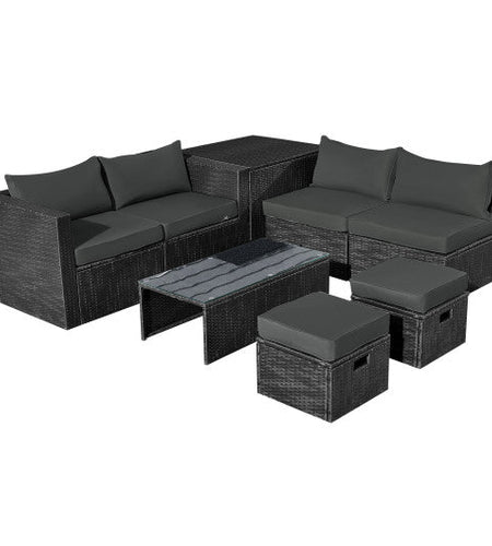 8 Pieces Patio Rattan Storage Table Furniture Set-Gray