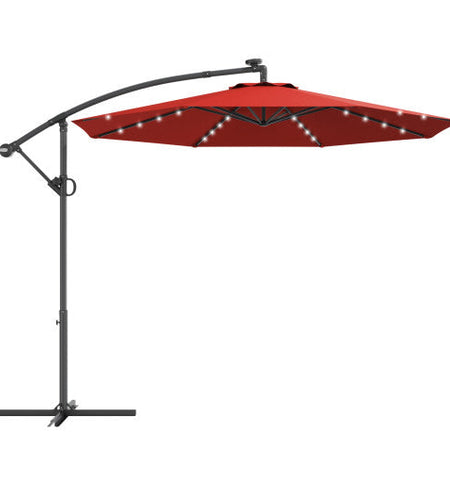 10 ft 360° Rotation Solar Powered LED Patio Offset Umbrella without Weight Base-Dark Red
