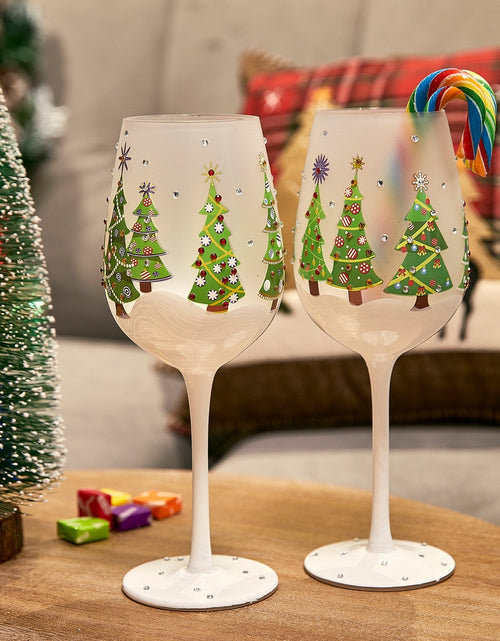 Load image into Gallery viewer, Set of 2 Stemmed Christmas Tree Design Wine Glasses - Hand Painted 14 oz Decorated Christmas Tree Glasses - Perfect for Wine, Champagne, Holiday Parties and Festivities - 8.75" High, 14 oz Capacity by The Wine Savant
