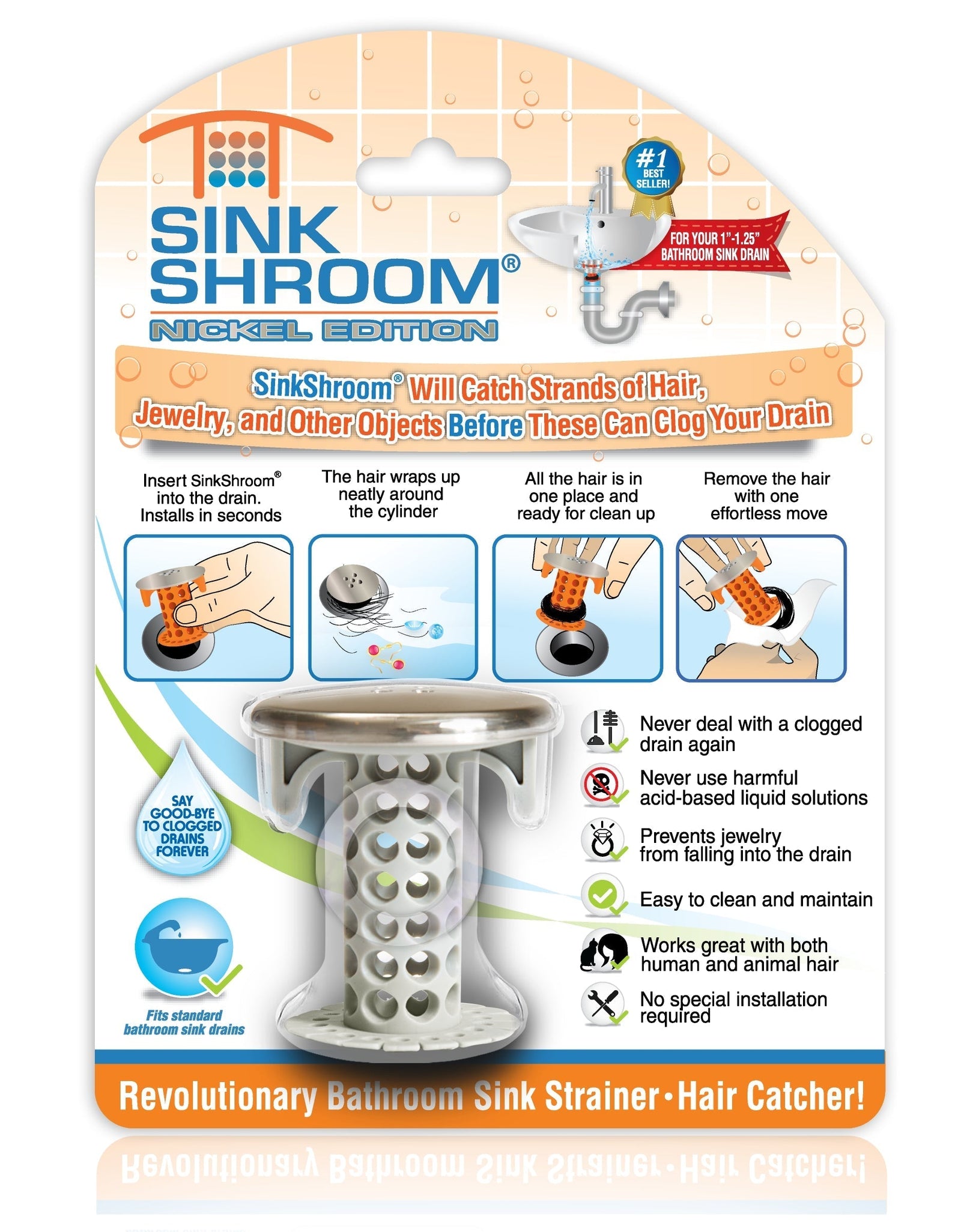 SinkShroom (Nickel Edition) The Hair Catcher That Prevents Clogged Bathroom Sink Drains by TubShroom.com