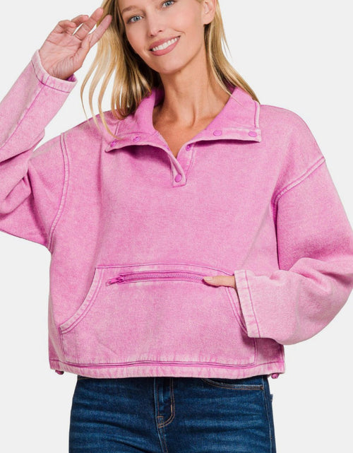 Load image into Gallery viewer, Zenana Acid Wash Fleece Half Snap Sweatshirt with Pocket
