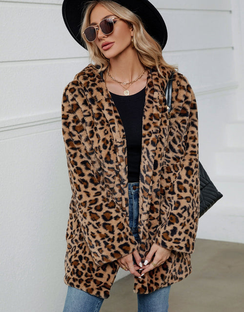 Load image into Gallery viewer, Fuzzy Leopard Hooded Long Sleeve Jacket

