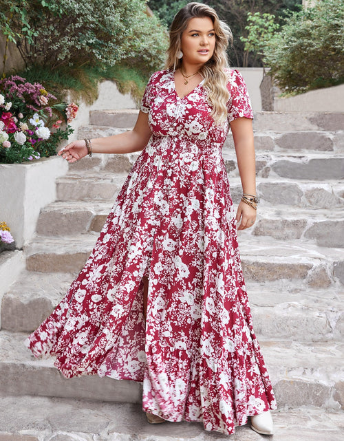 Load image into Gallery viewer, Plus Size Slit Printed V-Neck Maxi Dress
