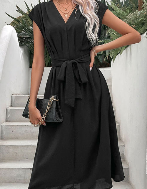 Load image into Gallery viewer, Perfee Tie Belt V-Neck Pleated Dress
