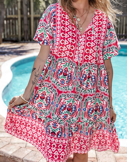 Load image into Gallery viewer, Printed Tie Neck Short Sleeve Dress
