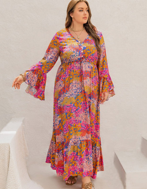 Load image into Gallery viewer, Plus Size Printed V-Neck Long Sleeve Maxi Dress
