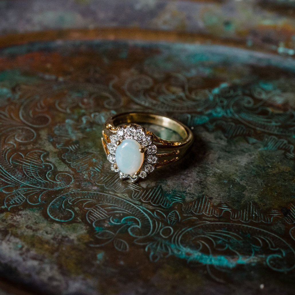 Vintage Jewelry Genuine Stone or Crystal Surrounded by Clear Austrian Crystals Ring Made in the USA by PVD Vintage Jewelry