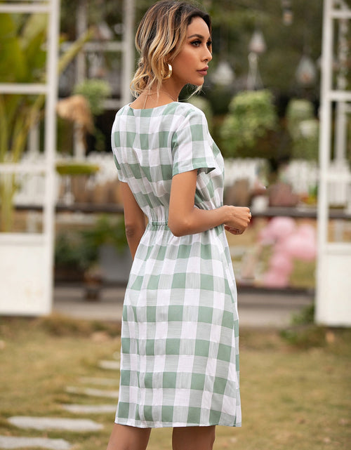Load image into Gallery viewer, Ivy Lane Smocked Plaid Round Neck Short Sleeve Dress

