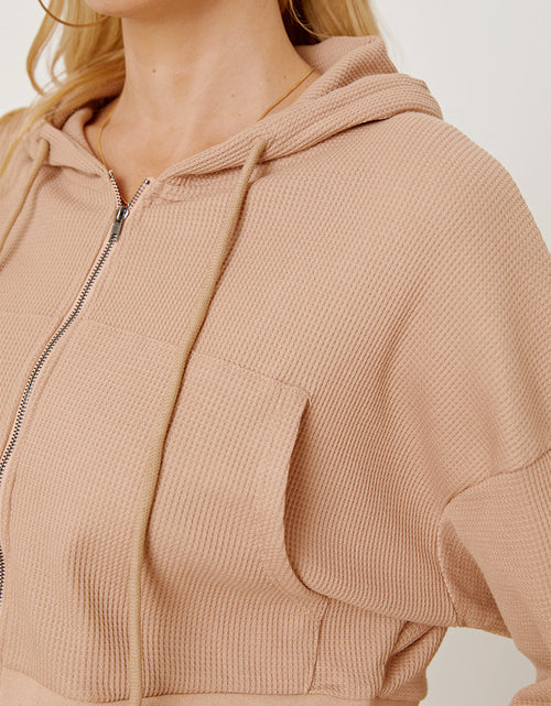 Load image into Gallery viewer, Waffle-Knit Drawstring Zip Up Hoodie
