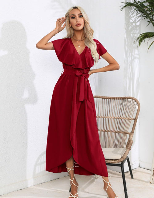 Load image into Gallery viewer, Tied Front Ruffled Short Sleeve Midi Dress
