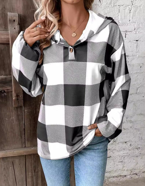Load image into Gallery viewer, Plaid Dropped Shoulder Long Sleeve Hoodie

