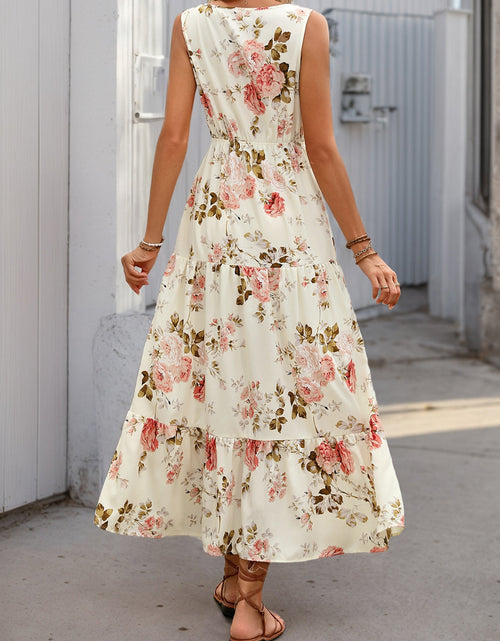 Load image into Gallery viewer, Printed Ruffled Hem V-Neck Sleeveless Dress
