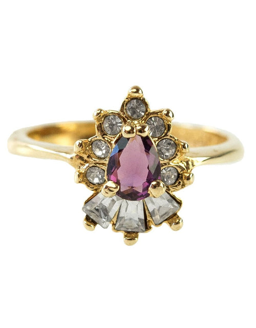 Load image into Gallery viewer, Vintage 1990's Ring Ruby and Clear Austrian Crystals 18k Yellow Gold Plated by PVD Vintage Jewelry
