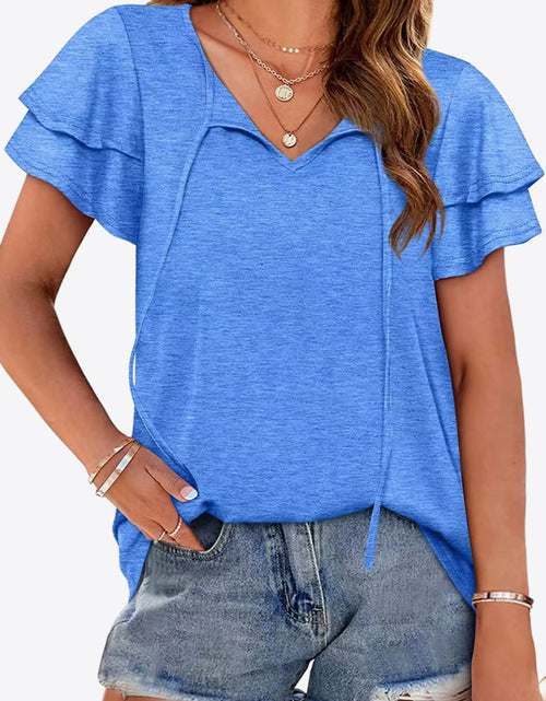 Load image into Gallery viewer, Tie-Neck Layered Flutter Sleeve Blouse
