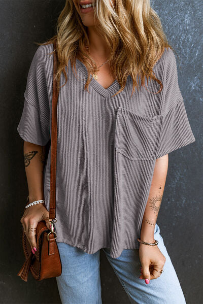 Load image into Gallery viewer, Textured V-Neck Dropped Shoulder T-Shirt
