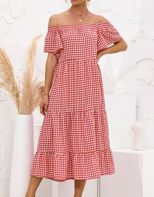 Load image into Gallery viewer, Plaid Off-Shoulder Tiered Midi Dress
