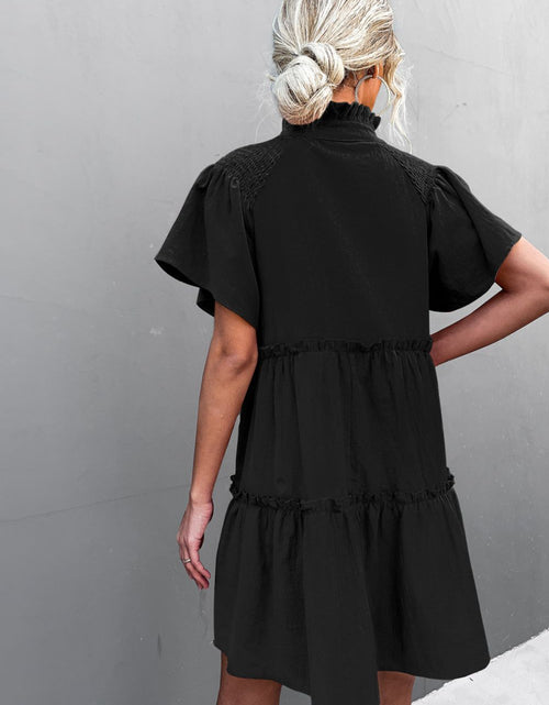 Load image into Gallery viewer, Frill Trim Smocked Tie Neck Dress
