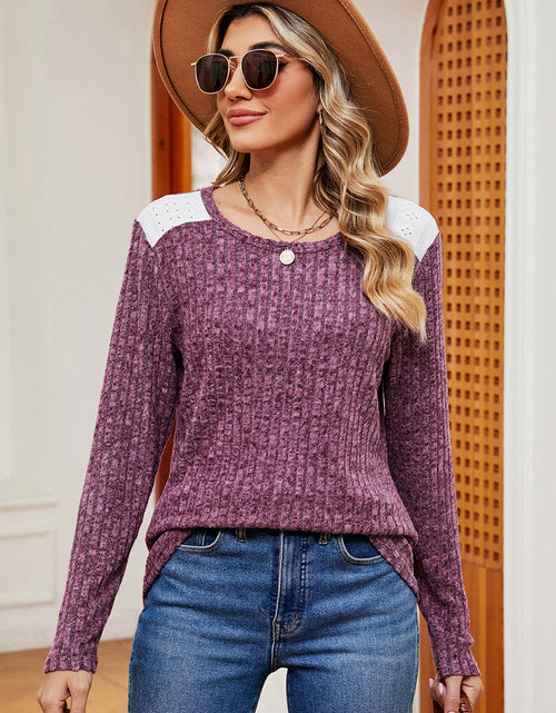 Load image into Gallery viewer, Eyelet Ribbed Round Neck Long Sleeve T-Shirt

