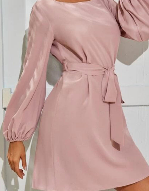 Load image into Gallery viewer, Tied Boat Neck Balloon Sleeve Mini Dress
