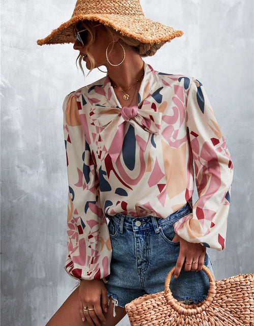 Load image into Gallery viewer, Printed Tie Neck Puff Sleeve Blouse
