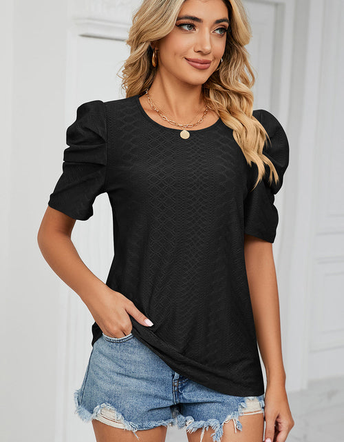 Load image into Gallery viewer, Eyelet Round Neck Puff Sleeve T-Shirt
