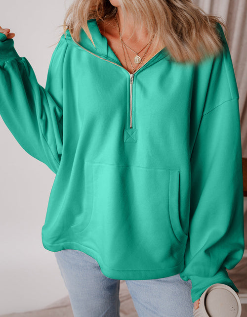 Load image into Gallery viewer, Pocketed Half Zip Dropped Shoulder Hoodie
