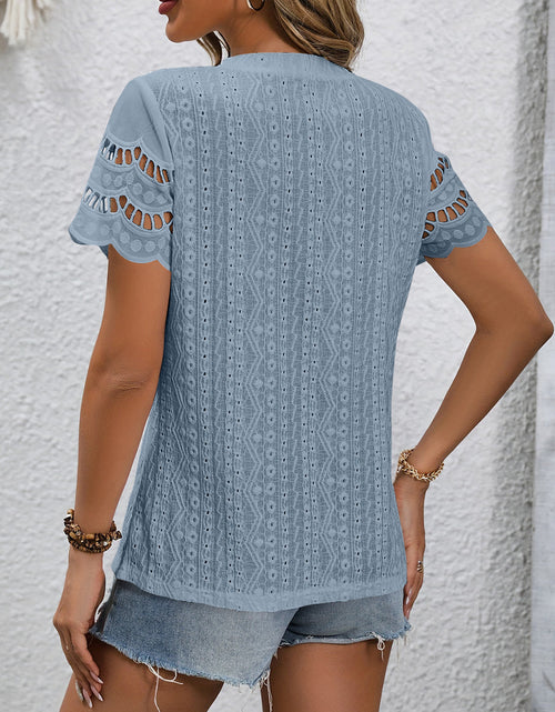 Load image into Gallery viewer, Full Size Eyelet Round Neck Short Sleeve Top
