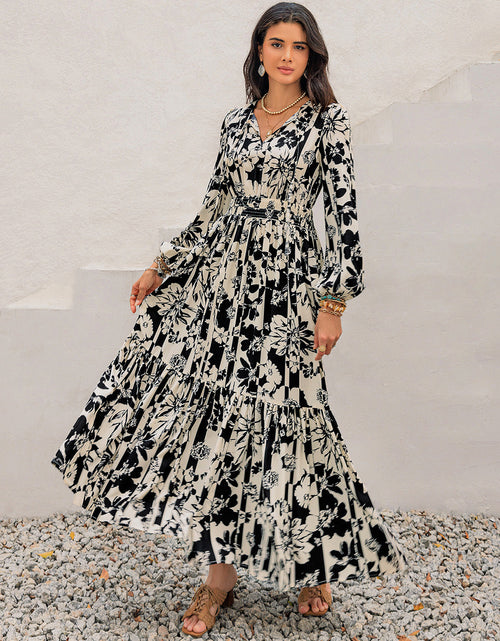 Load image into Gallery viewer, Smocked Printed Tie Neck Long Sleeve Dress
