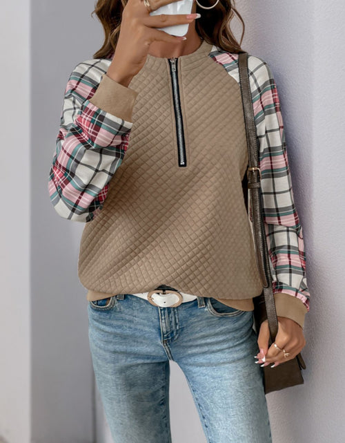 Load image into Gallery viewer, Perfee Plaid Half Zip Long Sleeve Texture Sweatshirt

