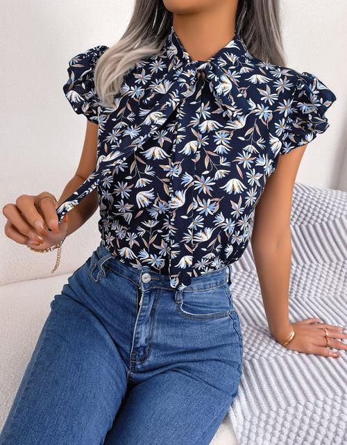 Load image into Gallery viewer, Floral Tie Neck Flutter Sleeve Blouse
