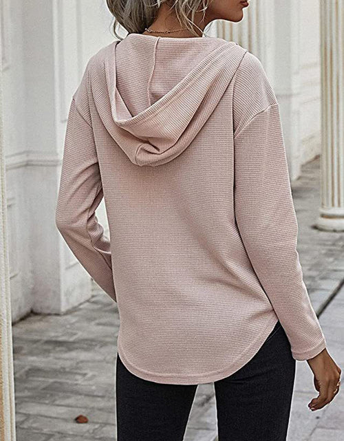 Load image into Gallery viewer, Drawstring Waffle Knit Long Sleeve Hooded Top
