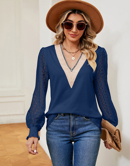 Load image into Gallery viewer, Contrast V-Neck Long Sleeve Blouse
