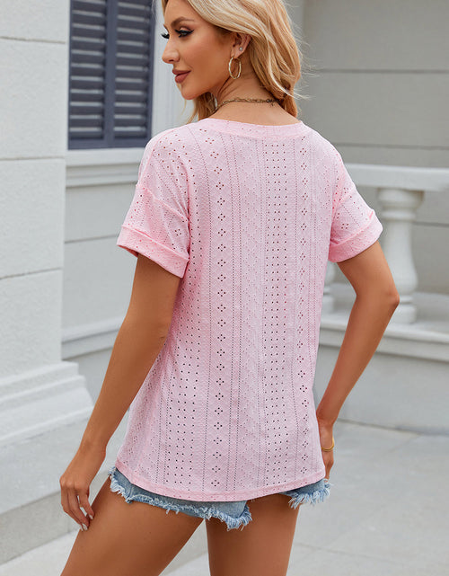 Load image into Gallery viewer, Eyelet V-Neck Short Sleeve T-Shirt
