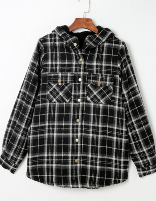 Load image into Gallery viewer, Plaid Button Up Long Sleeve Hooded Jacket
