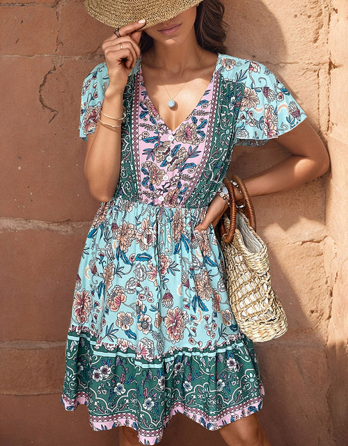 Load image into Gallery viewer, Perfee Printed V-Neck Flutter Sleeve Dress
