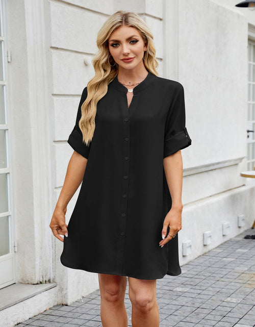 Load image into Gallery viewer, Notched Long Sleeve Mini Shirt Dress
