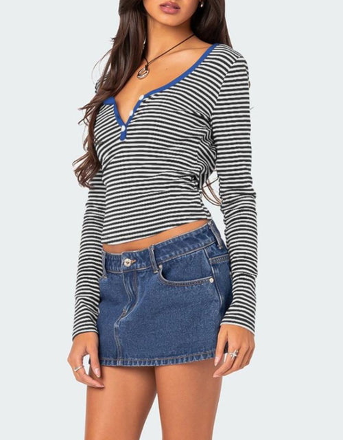Load image into Gallery viewer, Buttoned Striped Long Sleeve T-Shirt
