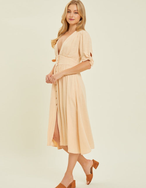 Load image into Gallery viewer, HEYSON Full Size Textured Linen V-Neck Button-Down Midi Dress
