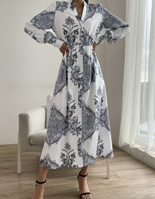 Load image into Gallery viewer, Printed Notched Lantern Sleeve Midi Dress
