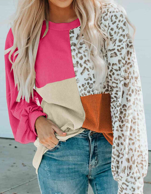 Load image into Gallery viewer, Color Block Leopard Round Neck Sweatshirt
