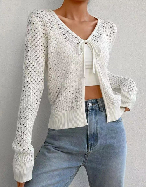 Load image into Gallery viewer, Tied Openwork V-Neck Long Sleeve Cardigan
