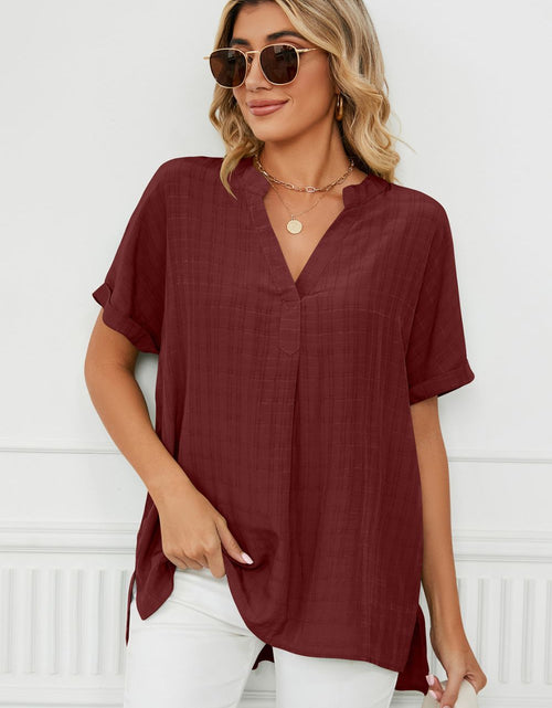 Load image into Gallery viewer, Side Slit Notched Neck Cuffed Short Sleeve Blouse
