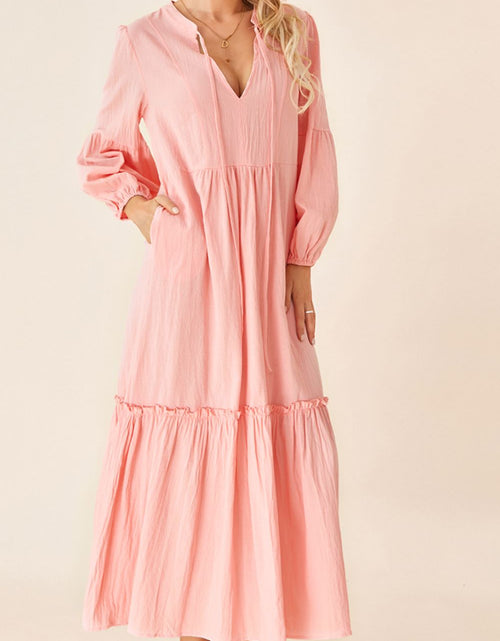 Load image into Gallery viewer, Frill Tiered Tie Neck Long Sleeve Dress
