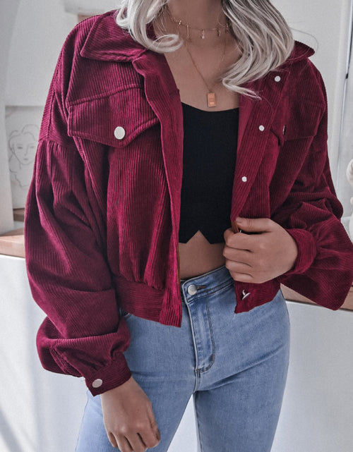 Load image into Gallery viewer, Lantern Sleeve Cropped Corduroy Jacket
