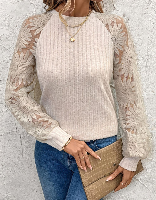 Load image into Gallery viewer, Round Neck Lace Patchwork Long Sleeve Top
