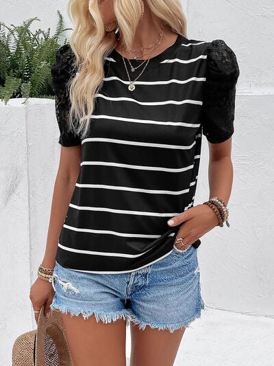 Load image into Gallery viewer, Striped Lace Detail Short Sleeve T-Shirt
