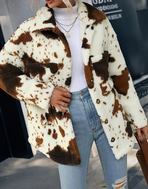 Load image into Gallery viewer, Cow Print Collared Neck Button Up Fuzzy Jacket
