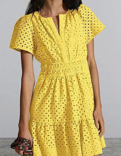 Load image into Gallery viewer, Eyelet Notched Short Sleeve Mini Dress
