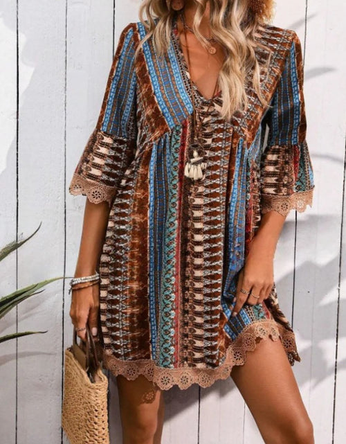 Load image into Gallery viewer, Lace Trim Printed V-Neck 3/4 Sleeve Dress
